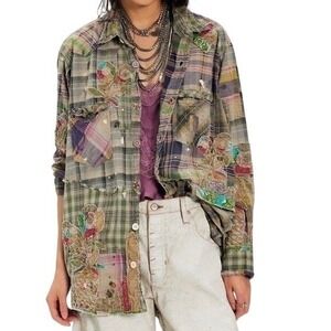 Magnolia Pearl Appliqué Kelly Western Shirt Button down Plaid Distressed NWT